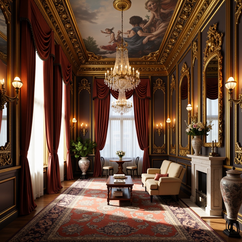 Prompt: Intricate golden mirrors, ornate crystal chandeliers, lavish velvet drapes, carved wooden paneling, gilded molding, richly patterned rugs, antique furniture pieces, luxurious marble countertops, delicate porcelain vases, exquisite fresco ceilings, soft warm candlelight, shallow depth of field, 1/1 composition, realistic textures, ambient occlusion.