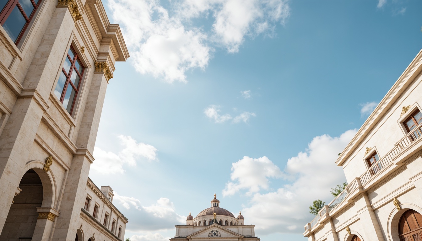 Prompt: Soft sky blue hues, creamy whites, warm beige tones, rich gold accents, subtle earthy browns, elegant marble textures, ornate classical architectural details, refined stone carvings, intricately designed frescoes, serene cloud formations, gentle sunlit atmosphere, shallow depth of field, 1/1 composition, realistic reflections, ambient occlusion.