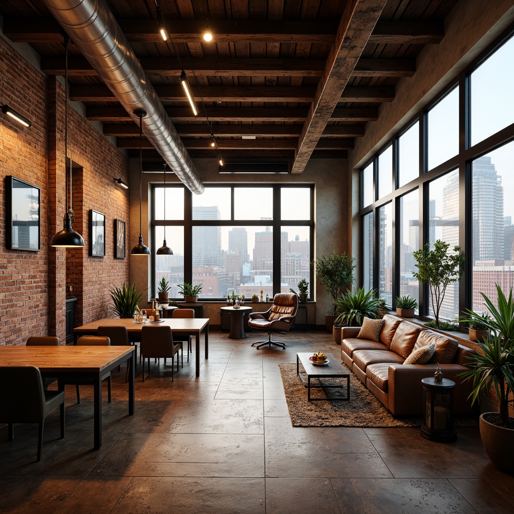 Prompt: Industrial-chic penthouse, eclectic decor, exposed brick walls, reclaimed wood flooring, vintage furniture pieces, ornate metal fixtures, pendant lamps, Edison bulbs, rustic wooden beams, lofty ceilings, floor-to-ceiling windows, cityscape views, warm ambient lighting, soft shadows, 1/1 composition, realistic textures, shallow depth of field.