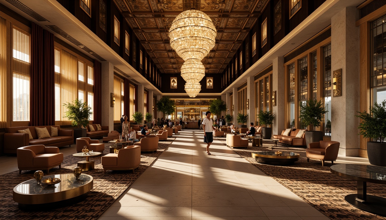 Prompt: Luxurious marketplace, ornate Art Deco fa\u00e7ade, polished bronze accents, lavish velvet drapes, geometric patterned rugs, opulent crystal chandeliers, sleek minimalist tables, curved wooden chairs, tufted leather sofas, metallic coffee tables, intricately carved wooden panels, richly textured marble countertops, warm golden lighting, soft focus, shallow depth of field, 1/1 composition, cinematic angles, realistic reflections, ambient occlusion.