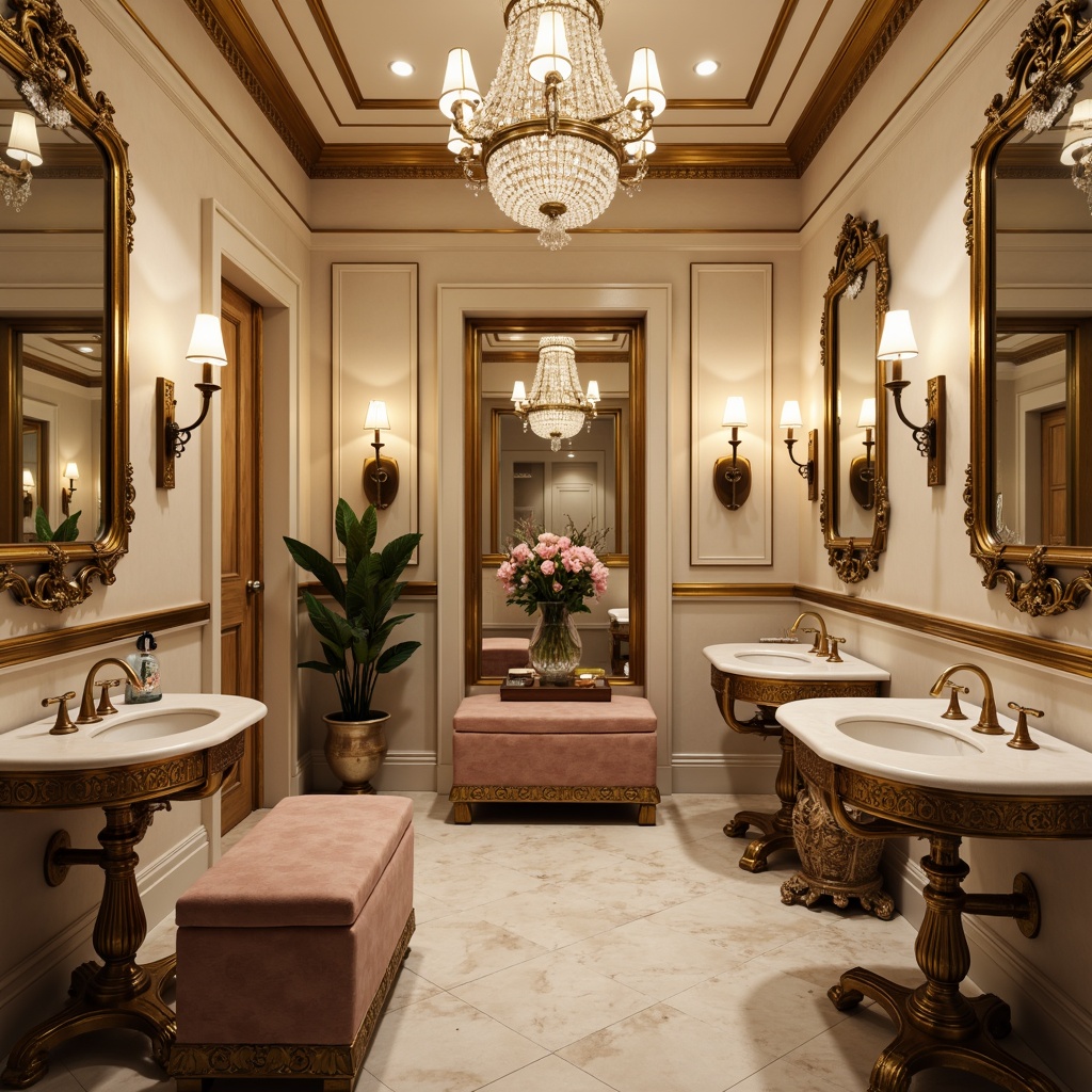 Prompt: Elegant powder room, soft warm lighting, ornate mirrors, delicate furnishings, plush velvet stools, crystal chandeliers, marble countertops, gold accents, luxurious textiles, intricate carvings, feminine decor, serene atmosphere, gentle color palette, 3/4 composition, shallow depth of field, realistic reflections.