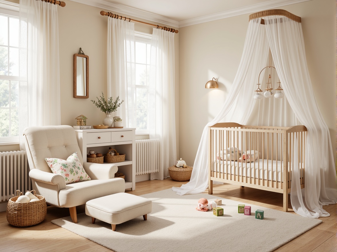 Prompt: Soft pastel colors, delicate floral patterns, plush toys, crib with canopy, gentle lighting, warm beige walls, creamy white furniture, lace curtains, vintage baby blocks, woven baskets, comfortable glider, natural wood accents, elegant mobiles, subtle textures, inviting atmosphere, shallow depth of field, 1/1 composition, realistic renderings, ambient occlusion.