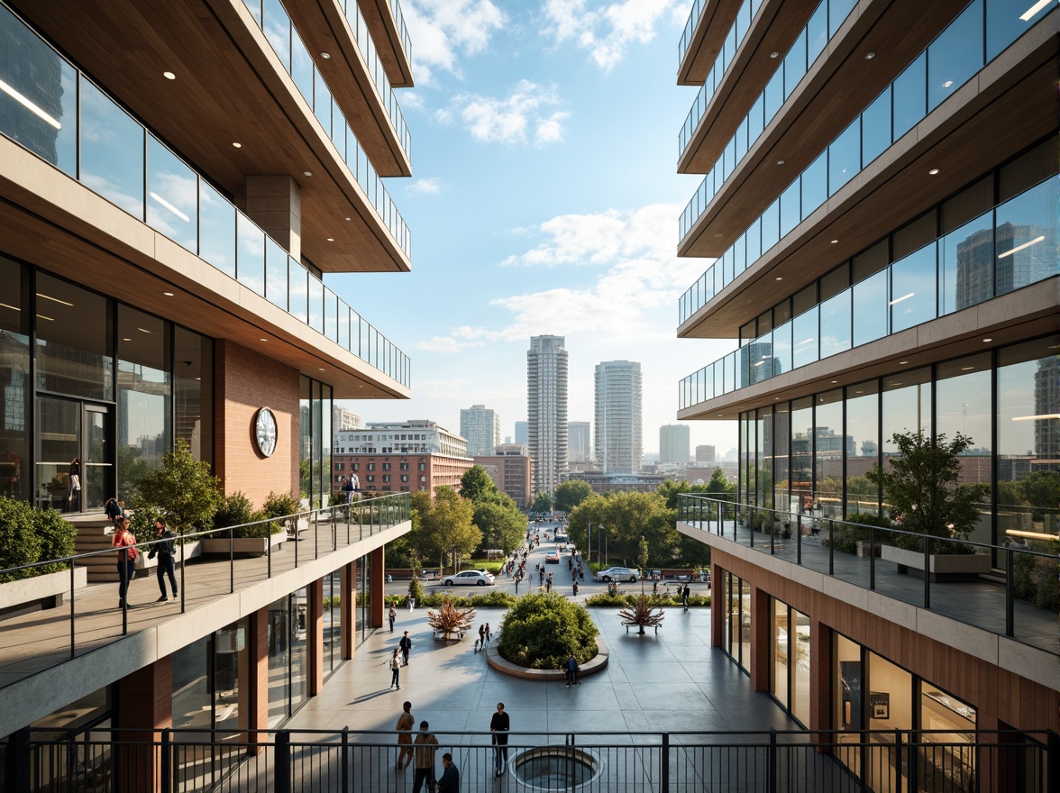 Prompt: Airy atrium, minimalist interior, sleek glass railings, open floor plans, high ceilings, floor-to-ceiling windows, natural light pouring in, modern industrial materials, polished concrete floors, exposed ductwork, steel beams, urban cityscape views, bustling streets, vibrant street art, pedestrian-friendly sidewalks, green roofs, living walls, vertical gardens, cantilevered structures, minimalist furnishings, plenty of negative space, 1/1 composition, soft warm lighting, shallow depth of field.