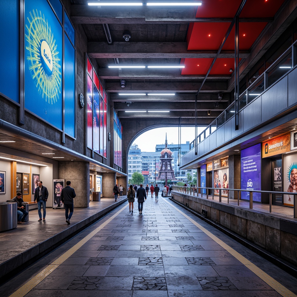 Prompt: Vibrant metro station, sleek modern architecture, bold color accents, dynamic lighting effects, urban cityscape, bustling pedestrian traffic, stainless steel handrails, geometric patterned floors, futuristic signage systems, LED display boards, abstract artwork installations, concrete walls, industrial-style ceilings, atmospheric misting systems, shallow depth of field, 1/2 composition, realistic textures, ambient occlusion.