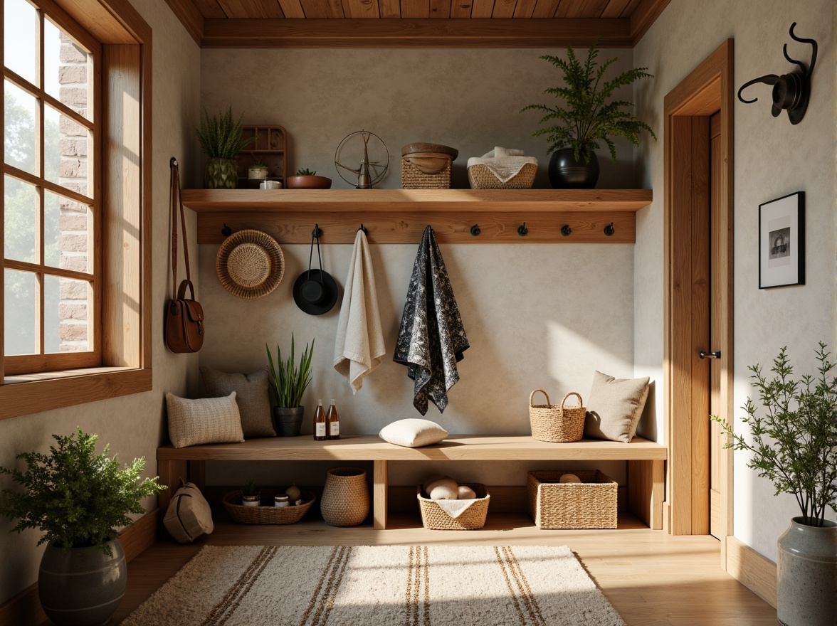 Prompt: Earthy mudroom, warm beige walls, natural wood accents, earthy brown furniture, soft sage greenery, woven baskets, rustic metal hooks, reclaimed wood shelves, cozy throw blankets, warm LED lighting, shallow depth of field, 1/1 composition, realistic textures, ambient occlusion.