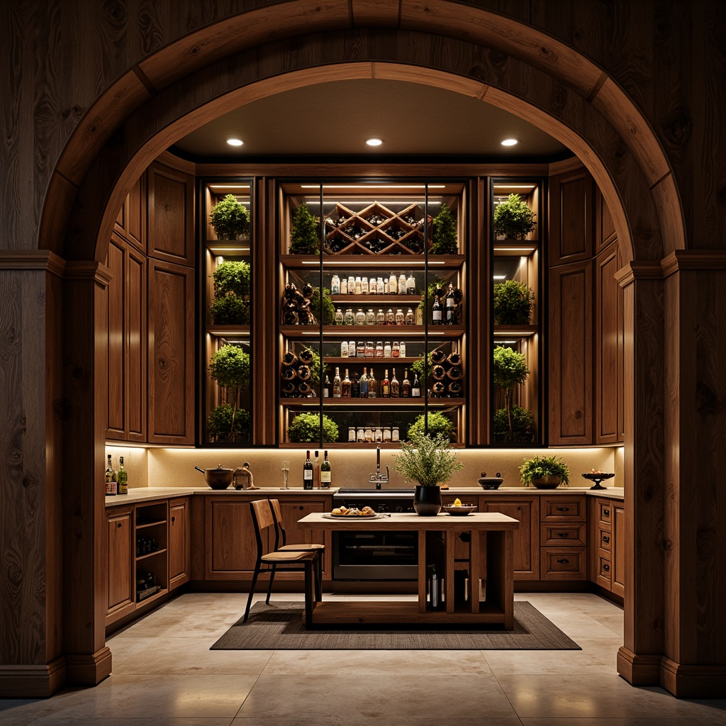 Prompt: Art Deco wine cellar, luxurious wooden racks, curved metal frames, ornate glass doors, dimly lit ambiance, rich walnut finishes, geometric patterns, metallic accents, chrome details, sleek lines, minimalist shelves, bottle greenery, soft warm lighting, shallow depth of field, 1/1 composition, realistic textures, ambient occlusion.