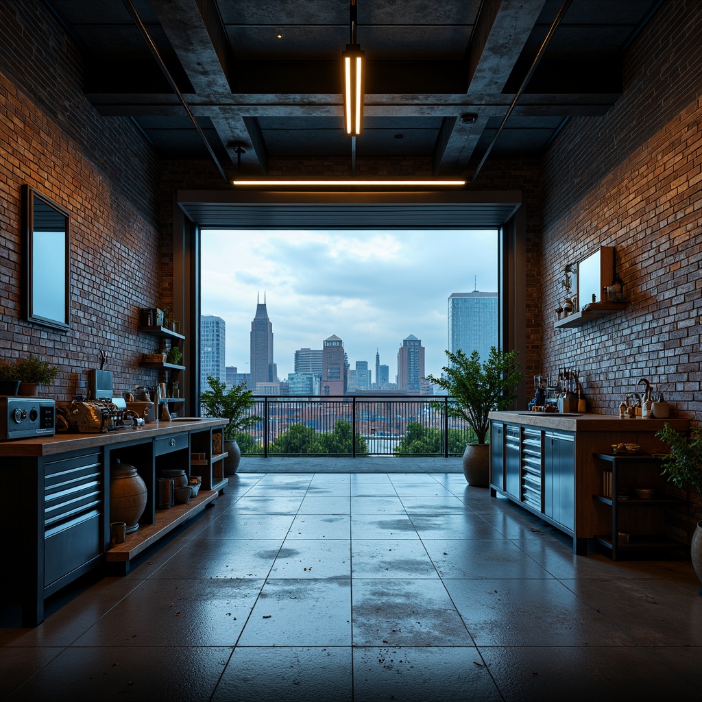 Prompt: Industrial-style garage, exposed brick walls, metallic accents, bold color scheme, dark grey tones, rich blue hues, neon yellow highlights, rustic wooden cabinets, sleek metal tools, urban cityscape, cloudy day, dramatic shadows, high-contrast lighting, dynamic composition, realistic textures, ambient occlusion.