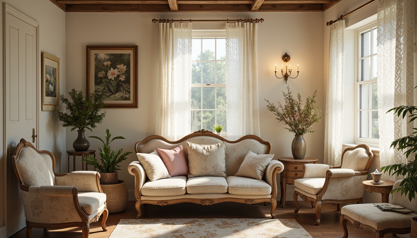 Prompt: Distressed vintage furniture, soft pastel hues, warm beige tones, creamy whites, pale blues, muted pinks, rustic wood textures, lace curtains, floral patterns, ornate metal details, antique finishes, romantic candlelight, warm golden lighting, shallow depth of field, 1/1 composition, realistic textures, ambient occlusion.