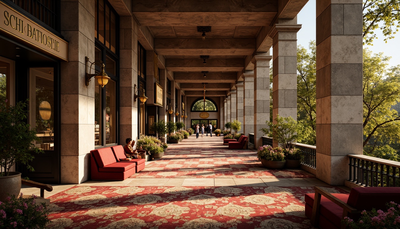 Prompt: Richly patterned carpets, luxurious velvet fabrics, intricately designed wooden furniture, ornate metal railings, warm golden lighting, classical stone columns, rustic brick walls, vintage-inspired signage, lush greenery, blooming flowers, sunny day, soft warm lighting, shallow depth of field, 3/4 composition, panoramic view, realistic textures, ambient occlusion.