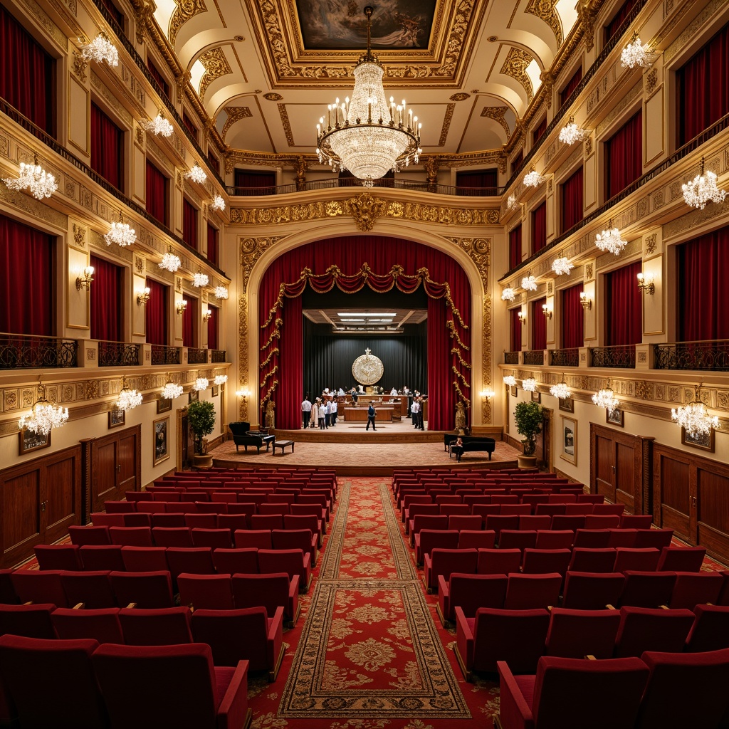 Prompt: Elegant opera house, academic architectural style, ornate details, red velvet seats, golden balconies, crystal chandeliers, grand staircase, intricately patterned carpets, polished wooden floors, soft warm lighting, shallow depth of field, 3/4 composition, panoramic view, realistic textures, ambient occlusion, luxurious VIP boxes, spacious audience seating, comfortable padded chairs, aisle lamps, richly textured drapes, majestic stage, professional lighting systems, grand pianos, opera performances, refined atmosphere.