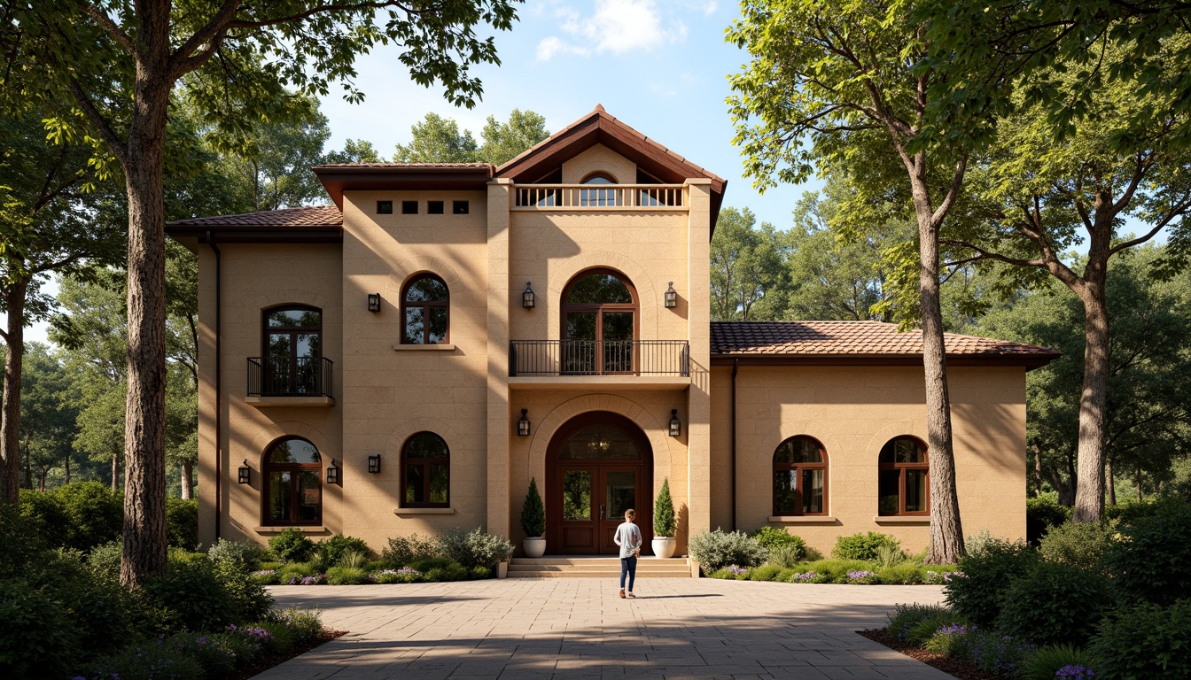 Prompt: Rustic public administration building, earthy tones, natural stone walls, wooden accents, tiled roofs, arched windows, ornate ironwork, lush greenery, surrounding trees, dappled sunlight, warm golden lighting, soft shadows, 1/2 composition, shallow depth of field, realistic textures, ambient occlusion.