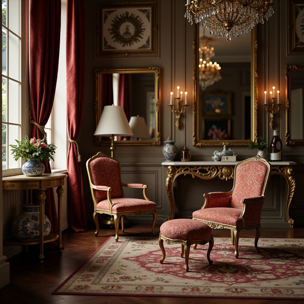 Prompt: Ornate Louis XV chair, velvet upholstery, golden gilded legs, intricately carved wooden furniture, ornamental mirrors, crystal chandeliers, richly patterned rugs, soft silk fabrics, delicate porcelain vases, curved lines, asymmetrical shapes, luxurious textiles, French provincial architecture, lavish decorations, opulent ambiance, warm candlelight, shallow depth of field, 1/1 composition, realistic textures, ambient occlusion.