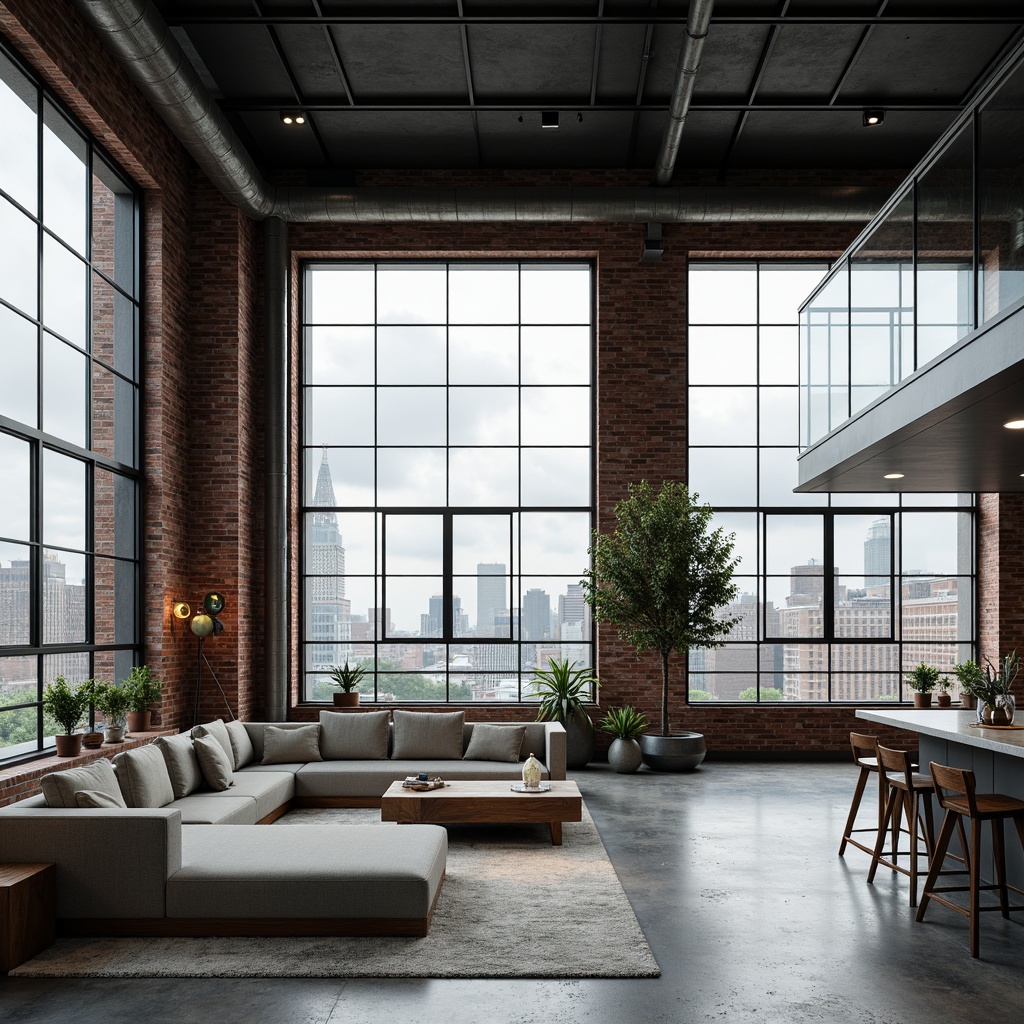 Prompt: Industrial chic loft, exposed brick walls, polished concrete floors, minimalist decor, sleek metal beams, floor-to-ceiling glass windows, transparent glass accents, modern pendant lighting, urban cityscape views, cloudy day, soft natural light, shallow depth of field, 1/2 composition, realistic textures, ambient occlusion.