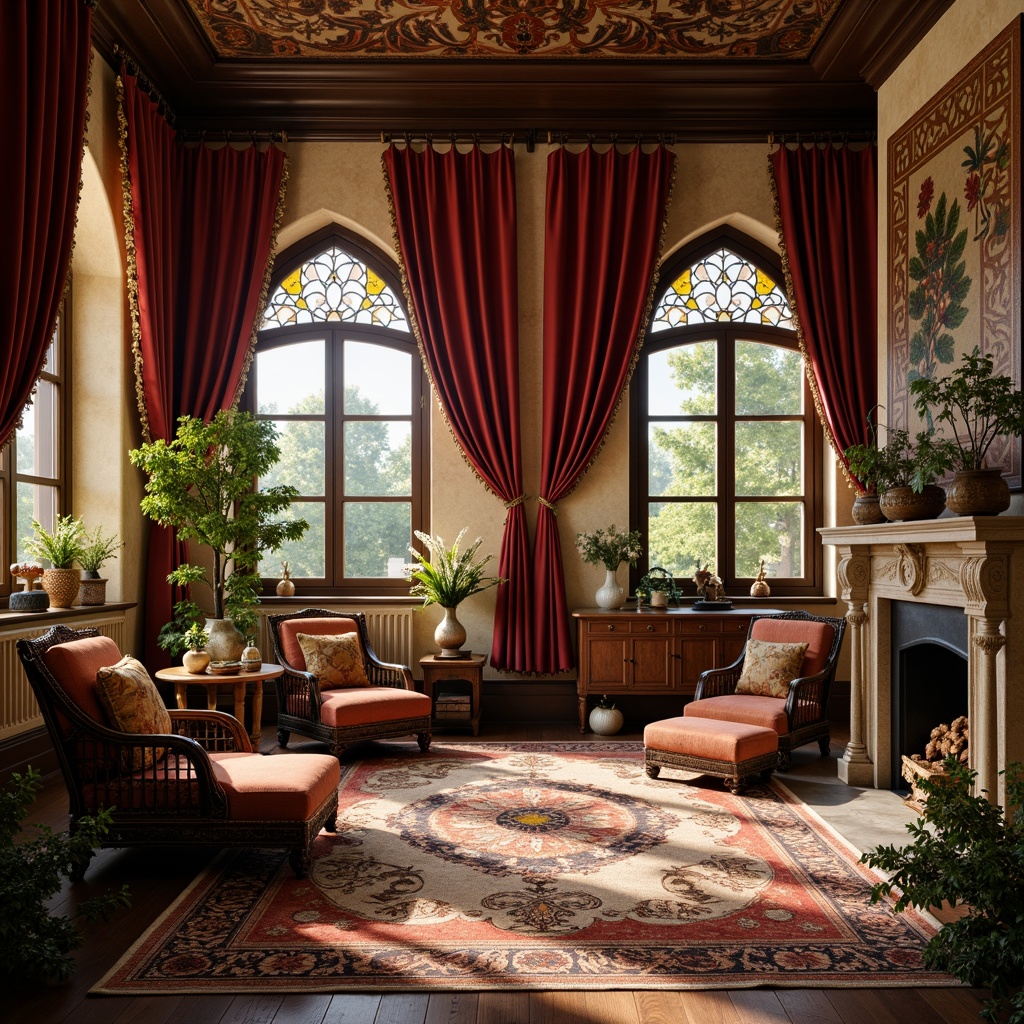 Prompt: Luxurious velvet drapes, intricately patterned rugs, ornate wooden furniture, carved botanical motifs, soft warm lighting, cozy reading nooks, plush armchairs, richly upholstered ottomans, flowing silk fabrics, delicate lace trimmings, vintage tapestries, eclectic decorative accents, curvilinear lines, organic forms, earthy color palette, warm beige walls, ornate metalwork, Art Nouveau patterns, stained glass windows, dramatic archways, intimate scale, shallow depth of field, 1/1 composition, realistic textures, ambient occlusion.