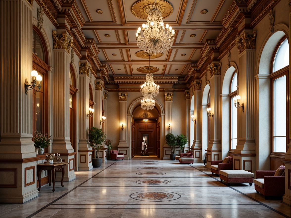 Prompt: Elegant neoclassical interior, ornate moldings, intricate carvings, polished marble floors, grand chandeliers, luxurious velvet fabrics, rich wood tones, gilded accents, subtle color palette, soft warm lighting, ornamental plasterwork, classical columns, symmetrical composition, refined textures, sophisticated ambiance.