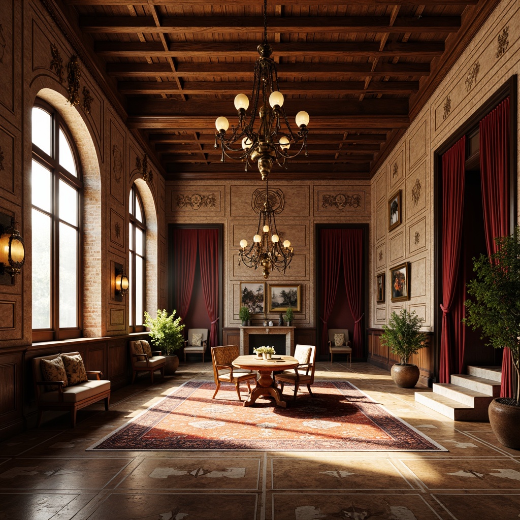 Prompt: Renaissance-inspired campus interior, grand chandelier, ornate wooden paneling, luxurious carpet flooring, intricate stone inlays, polished marble surfaces, rustic brick accents, distressed wood planks, ornamental metalwork, vintage-inspired furniture, rich velvet drapes, warm golden lighting, shallow depth of field, 2/3 composition, realistic textures, ambient occlusion.