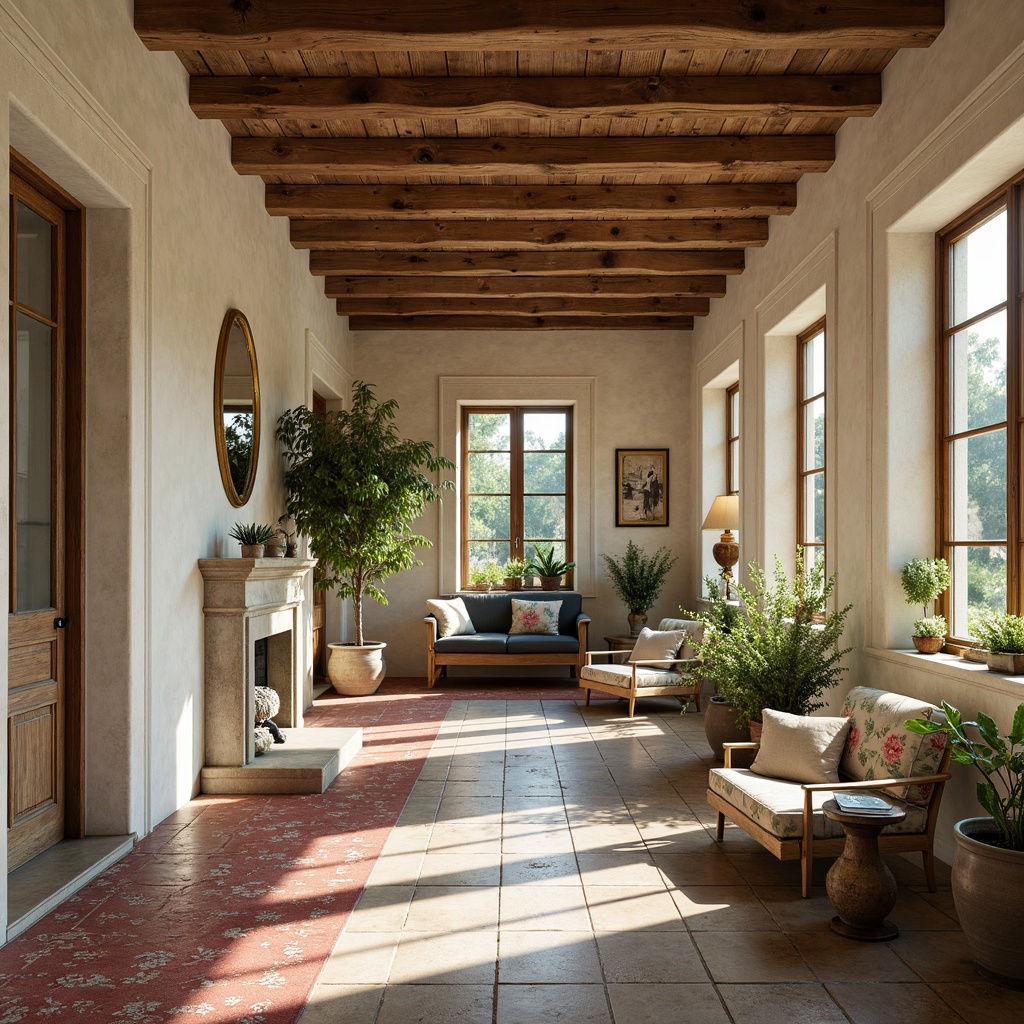 Prompt: Rustic French country estate, distressed wooden accents, soft creamy whites, warm beige tones, rich terracotta reds, muted sage greens, velvety blues, elegant gold hardware, ornate metalwork, vintage ceramic tiles, natural stone floors, floral patterns, toile de Jouy fabrics, subtle woodgrain textures, warm afternoon sunlight, soft focus, 1/2 composition, intimate atmosphere.