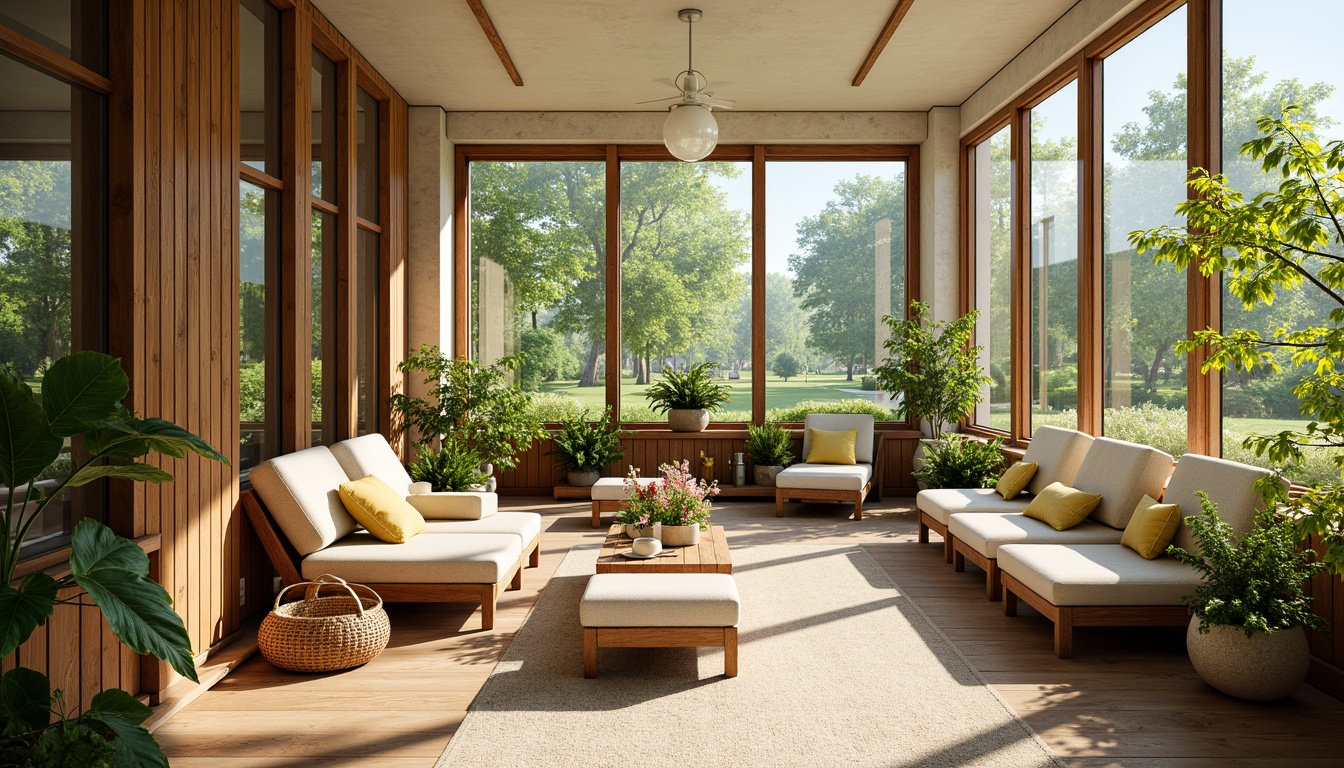 Prompt: Vibrant sunroom, warm natural light, lush greenery, blooming flowers, comfortable seating areas, wooden accents, earthy tones, soft pastel shades, calming atmosphere, nature-inspired hues, bright yellow, sky blue, creamy white, rich brown, subtle texture, cozy ambiance, panoramic view, shallow depth of field, 3/4 composition, realistic rendering.