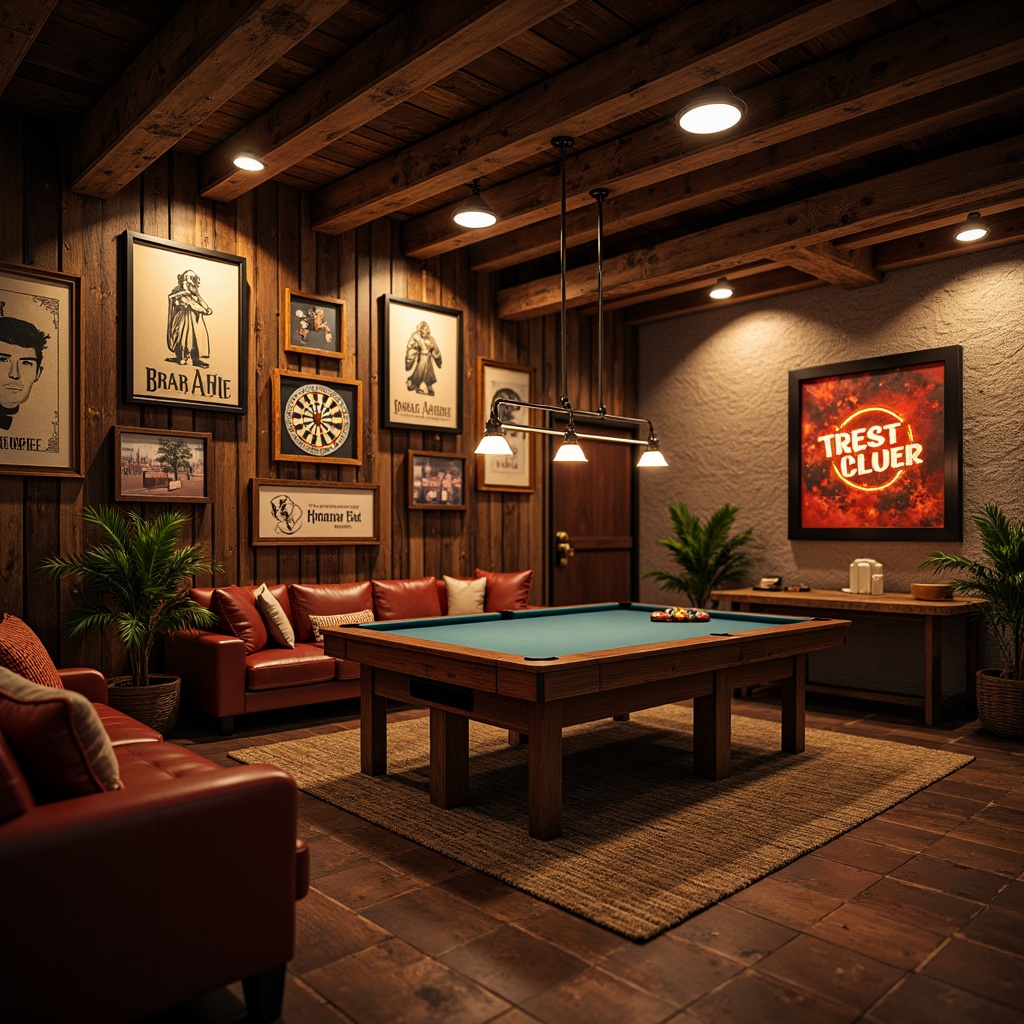 Prompt: Rustic game room, wooden accents, vintage posters, neon signs, pool table, dartboard, comfy couches, industrial metal lighting fixtures, Edison bulb pendant lights, warm cozy ambiance, dimmable floor lamps, ambient Occlusion, 1/1 composition, shallow depth of field, softbox lighting, realistic textures.