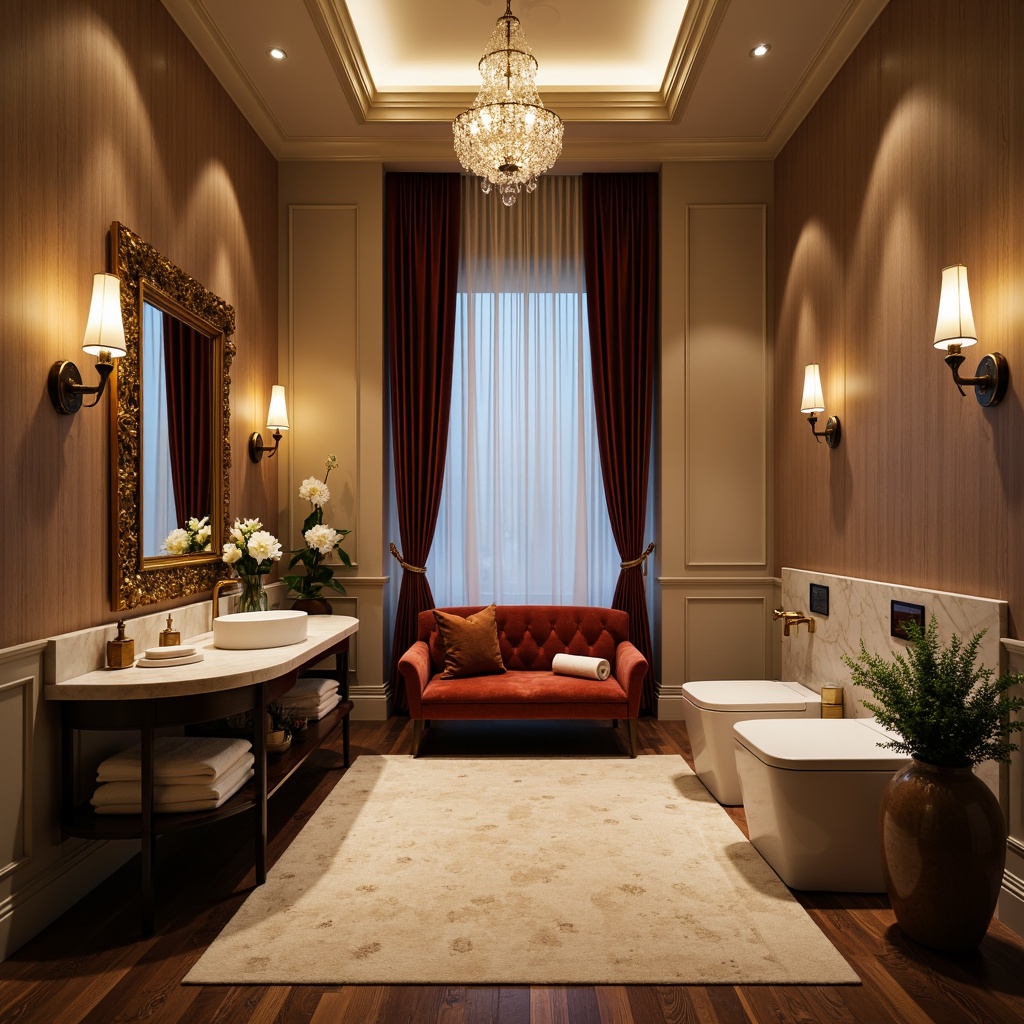 Prompt: Elegant powder room, luxurious velvet upholstery, ornate gold mirrors, delicate crystal chandeliers, rich wood tones, marble countertops, soft plush carpets, modern minimalist decor, sleek chrome fixtures, subtle ambient lighting, intimate setting, warm beige walls, stylish freestanding vanity, decorative wall sconces, refined metal accents, lavish drapery, sophisticated color palette, 1/1 composition, soft focus, realistic textures.