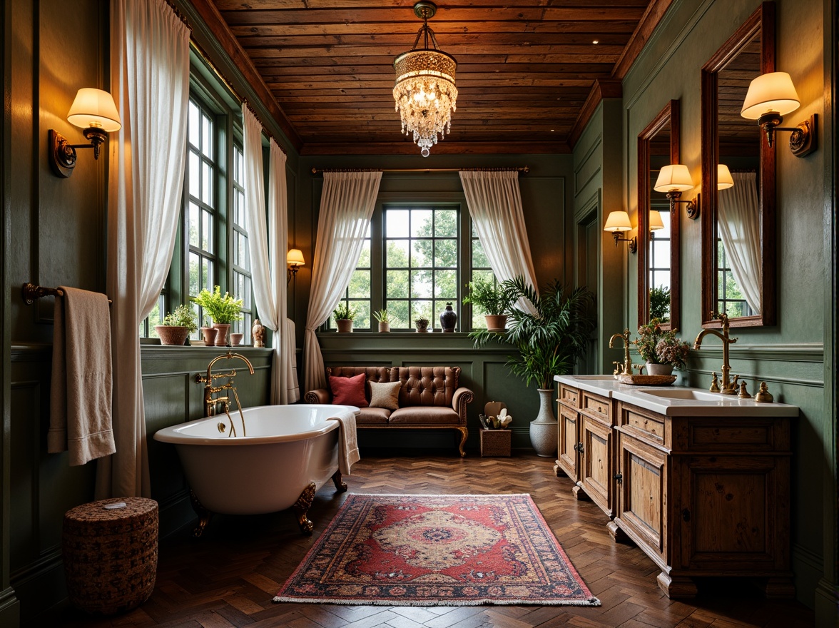 Prompt: Eclectic bathroom, vintage fixtures, distressed wood cabinets, ornate mirrors, metallic accents, rich textiles, bold color palette, warm ambient lighting, softbox lighting, LED strip lights, under-cabinet lighting, pendant lamps, crystal chandeliers, natural light, large windows, sheer curtains, subtle shadows, high-contrast drama, 1/2 composition, cinematic lighting, realistic reflections.