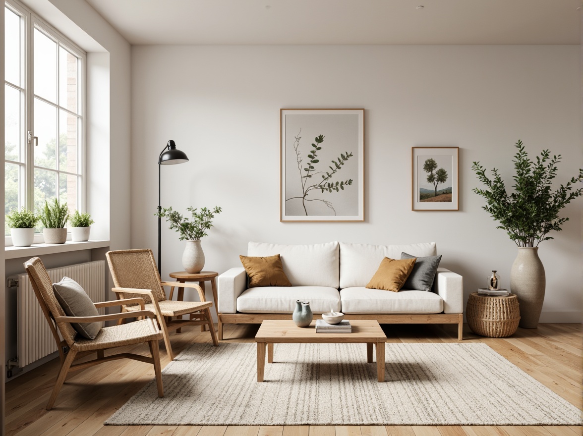 Prompt: Light-filled Nordic living room, minimalistic decor, natural wood accents, blonde wooden floors, soft woolen rugs, creamy white walls, rustic pine furniture, woven bamboo chairs, linen upholstery, industrial metal lighting fixtures, earthy tone ceramics, organic shape vases, botanical prints, greenery plants, cozy throw blankets, warm candlelight, shallow depth of field, 1/2 composition, softbox lighting, realistic textures, ambient occlusion.