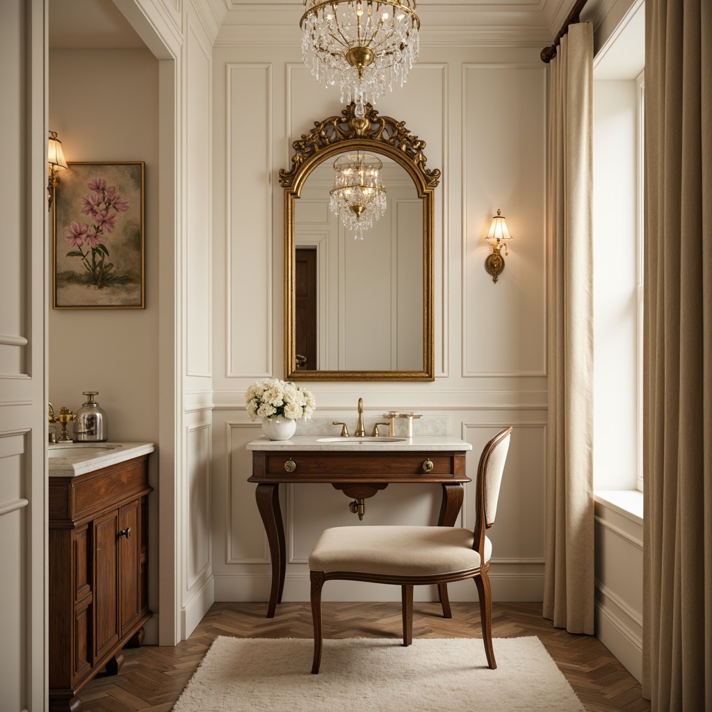 Prompt: Elegant powder room, soft cream walls, ornate gold mirror, luxurious velvet armchair, antique vanity table, crystal chandelier, plush area rug, decorative wallpaper, subtle lighting, intimate ambiance, feminine touches, delicate accessories, dainty furniture legs, rounded edges, smooth marble countertops, sparkling silver fixtures, warm beige colors, inviting atmosphere, 1/1 composition, shallow depth of field, softbox lighting.