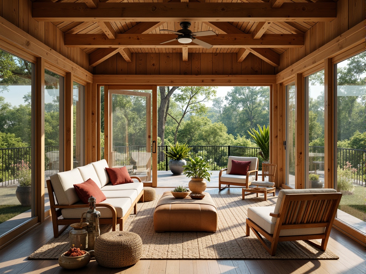 Prompt: Cozy sunroom, natural wood furniture, earthy tones, plush cushions, rustic wooden beams, large windows, sliding glass doors, lush greenery views, warm sunny day, soft diffused lighting, 1/1 composition, shallow depth of field, realistic textures, ambient occlusion, comfortable reading nook, vintage armchairs, distressed leather ottomans, woven baskets, natural fiber rugs, earthy ceramic vases, potted plants, wooden rocking chairs, rustic metal lanterns.