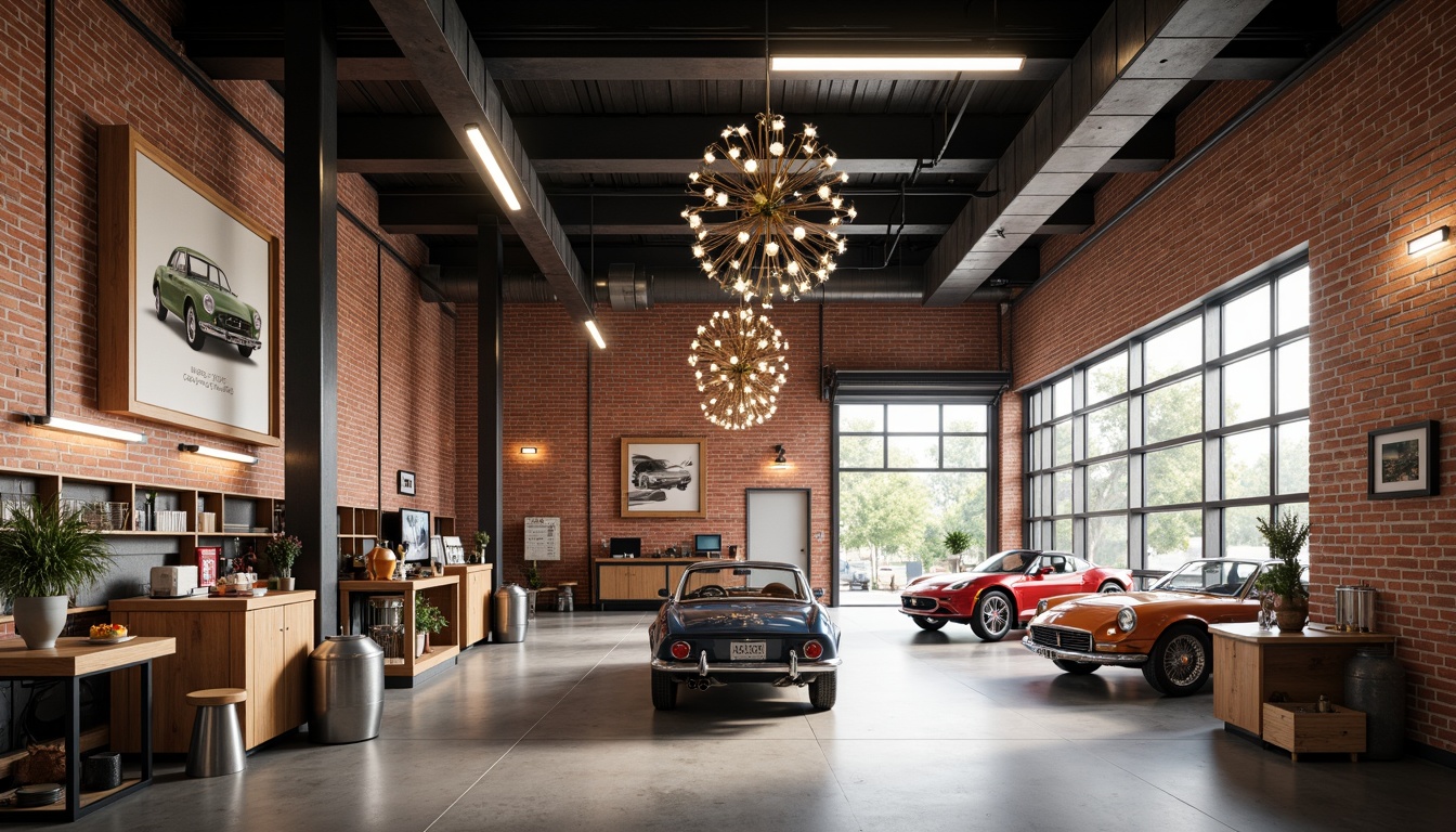 Prompt: Mid-century modern garage, industrial chic atmosphere, exposed brick walls, polished concrete floors, sleek metal beams, minimalist decor, retro-inspired lighting fixtures, sputnik chandeliers, globe pendants, cylindrical sconces, recessed lighting, natural wood accents, bold color schemes, vintage car displays, functional workbenches, organized tool storage, large glass garage doors, abundant natural light, soft warm glow, shallow depth of field, 3/4 composition, realistic textures, ambient occlusion.