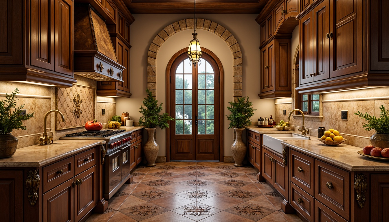 Prompt: Renaissance-style kitchen, ornate golden fixtures, luxurious marble countertops, rich wood cabinetry, intricate stone carvings, warm earthy tones, rustic terracotta tiles, decorative metal accents, ornamental fruit patterns, classic Italian-inspired design, elegant archways, sophisticated pendant lighting, lavish chandeliers, warm ambient glow, soft focus, 1/2 composition, realistic textures, subtle depth of field.