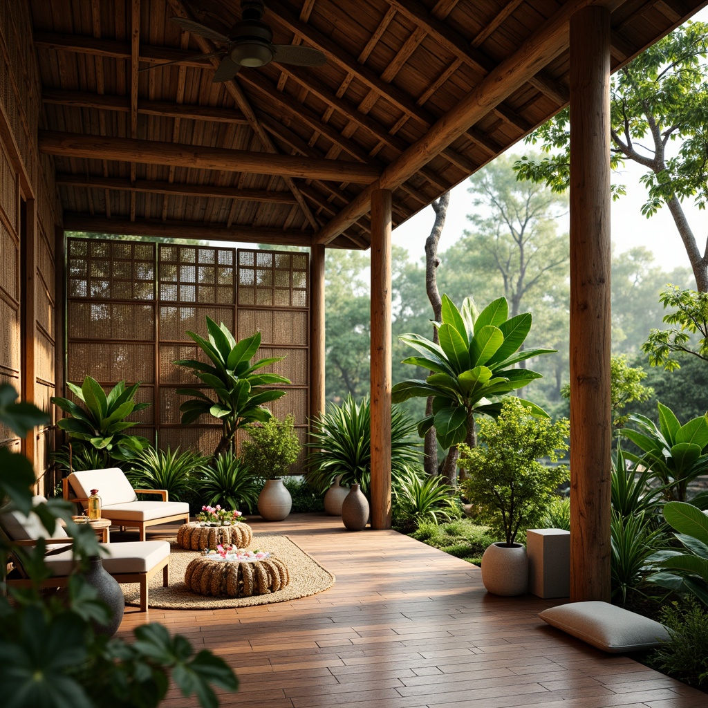 Prompt: Serene pavilion interior, lush greenery, exotic Asian-inspired plants, natural wood accents, woven bamboo furniture, intricately carved wooden screens, subtle warm lighting, shallow depth of field, 1/1 composition, realistic plant textures, ambient occlusion, tranquil atmosphere, soft music, gentle breeze, elegant ceramic vases, delicate petals, vibrant tropical colors, earthy tones, organic shapes, minimalist decor.