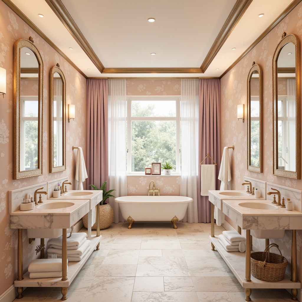 Prompt: Soft powder room ambiance, calming pastel hues, gentle peach tones, creamy whites, pale lavender accents, subtle gold trimmings, delicate floral patterns, natural stone flooring, elegant marble countertops, ornate mirrors, warm task lighting, shallow depth of field, 1/1 composition, realistic textures, ambient occlusion.