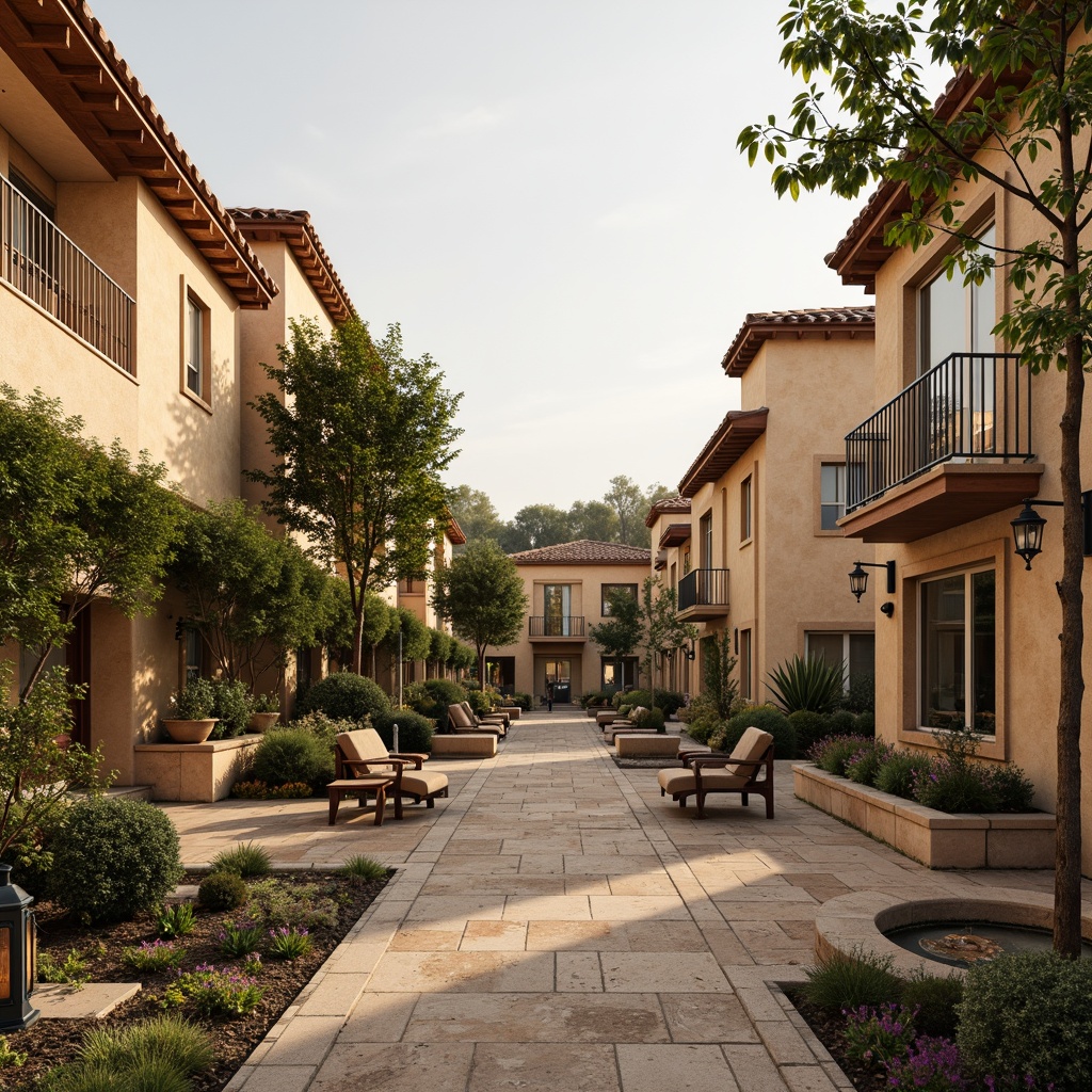 Prompt: Warm beige stone buildings, rustic terracotta roofs, soft greenery, blooming flowers, ornate ironwork, vintage lanterns, distressed wooden benches, classic fountains, meandering walkways, natural stone paving, earthy color scheme, warm golden lighting, shallow depth of field, 3/4 composition, panoramic view, realistic textures, ambient occlusion.