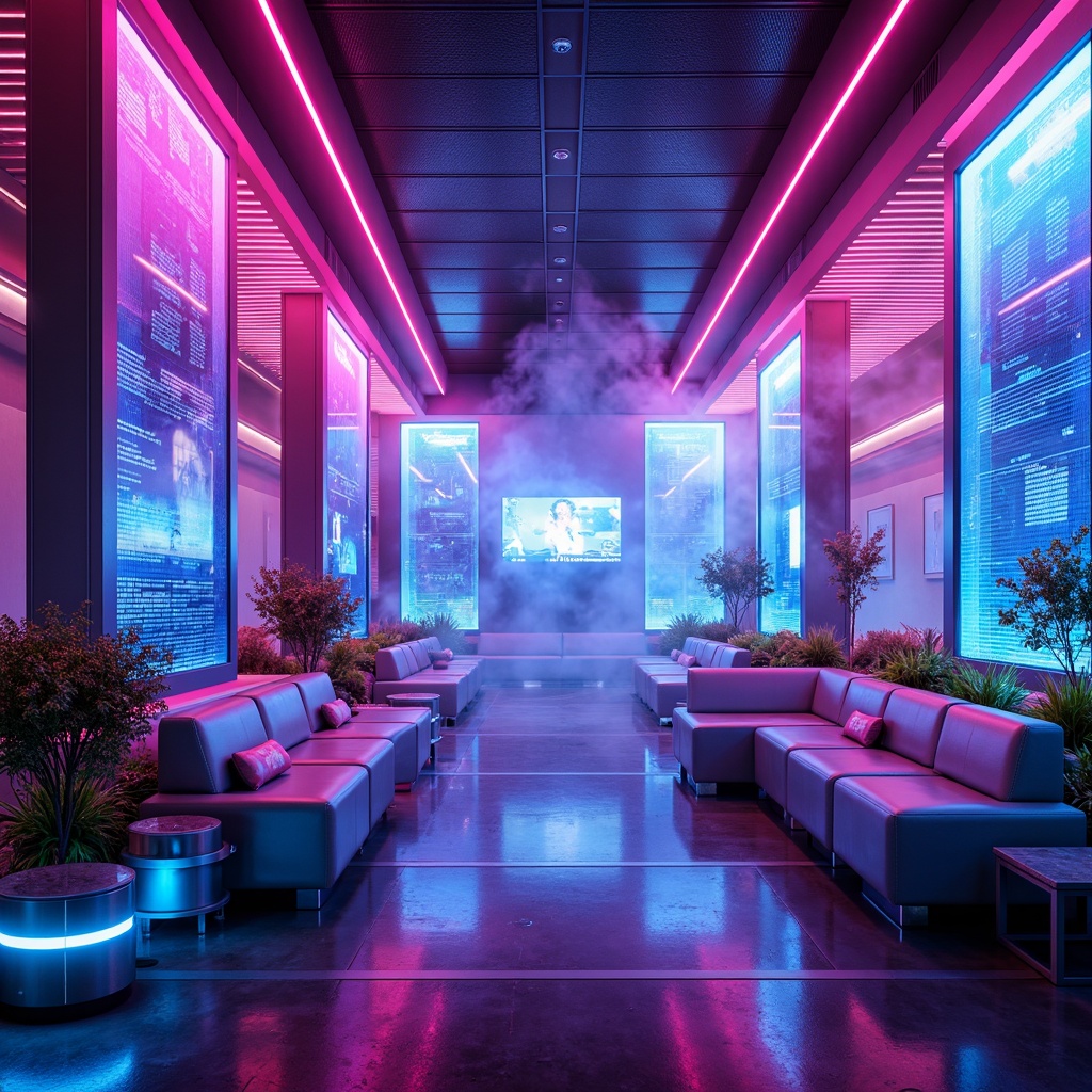 Prompt: Vibrant neon lights, metallic accents, holographic displays, iridescent walls, luminescent floors, futuristic furniture, sleek lines, minimalist decor, virtual reality interfaces, cyberpunk-inspired artwork, gradient color schemes, electric blue hues, hot pink highlights, chrome finishes, geometric patterns, 3D-printed decorations, atmospheric fog effects, low-key lighting, cinematic ambiance, wide-angle lens, shallow depth of field, 2/3 composition.