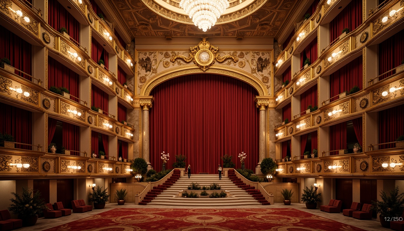 Prompt: Grand opera house, ornate architecture, rich velvet curtains, gold leaf details, marble flooring, crystal chandeliers, luxurious red carpets, intricate wood carvings, ornamental balconies, dramatic spotlights, warm golden lighting, shallow depth of field, 1/1 composition, symmetrical layout, neoclassical style, elegant staircases, refined acoustic panels, plush VIP lounges, sophisticated sound systems.