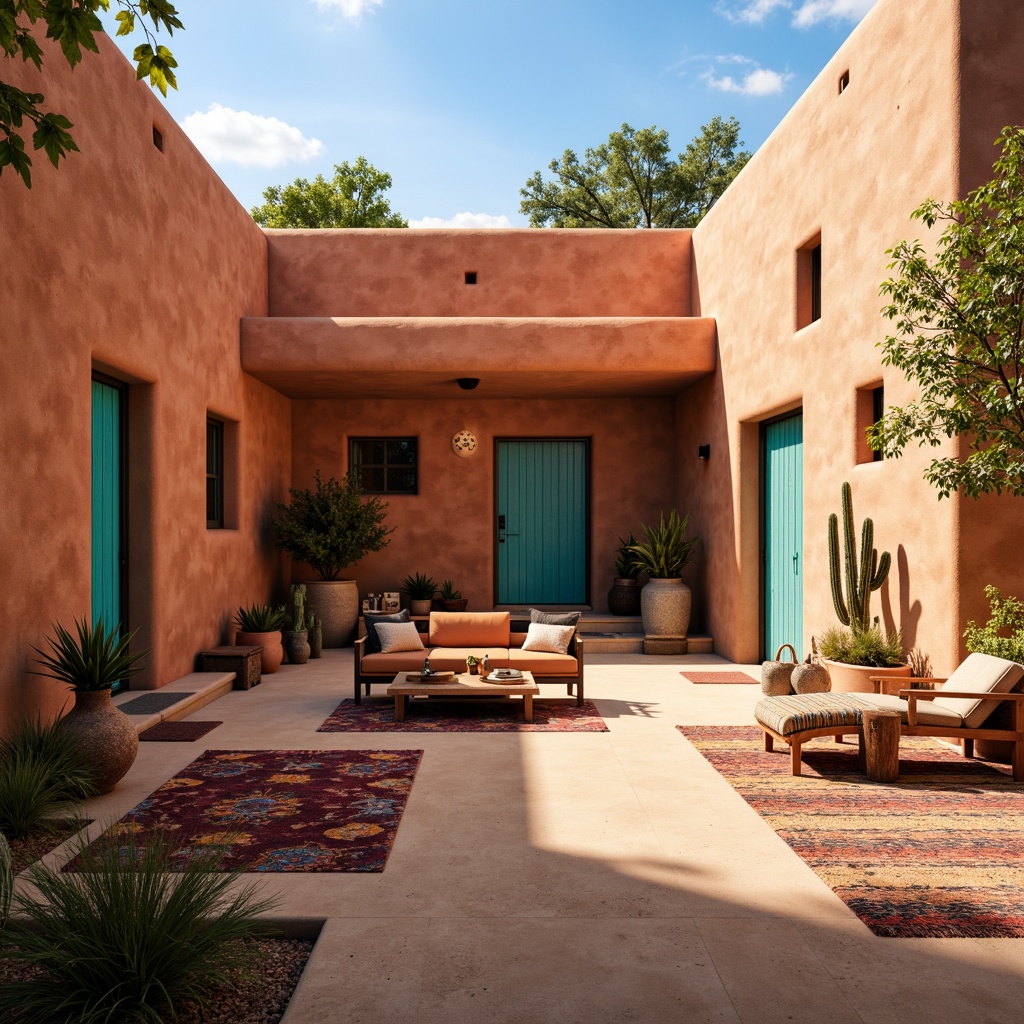 Prompt: Vibrant adobe architecture, earthy tone terracotta walls, turquoise accents, sandy beige floors, rustic wooden doors, colorful woven textiles, desert flora patterns, warm golden lighting, shallow depth of field, 1/1 composition, realistic textures, ambient occlusion, Southwestern-inspired ceramic vases, natural fiber rugs, cactus silhouettes, bright sunny day, clear blue sky.