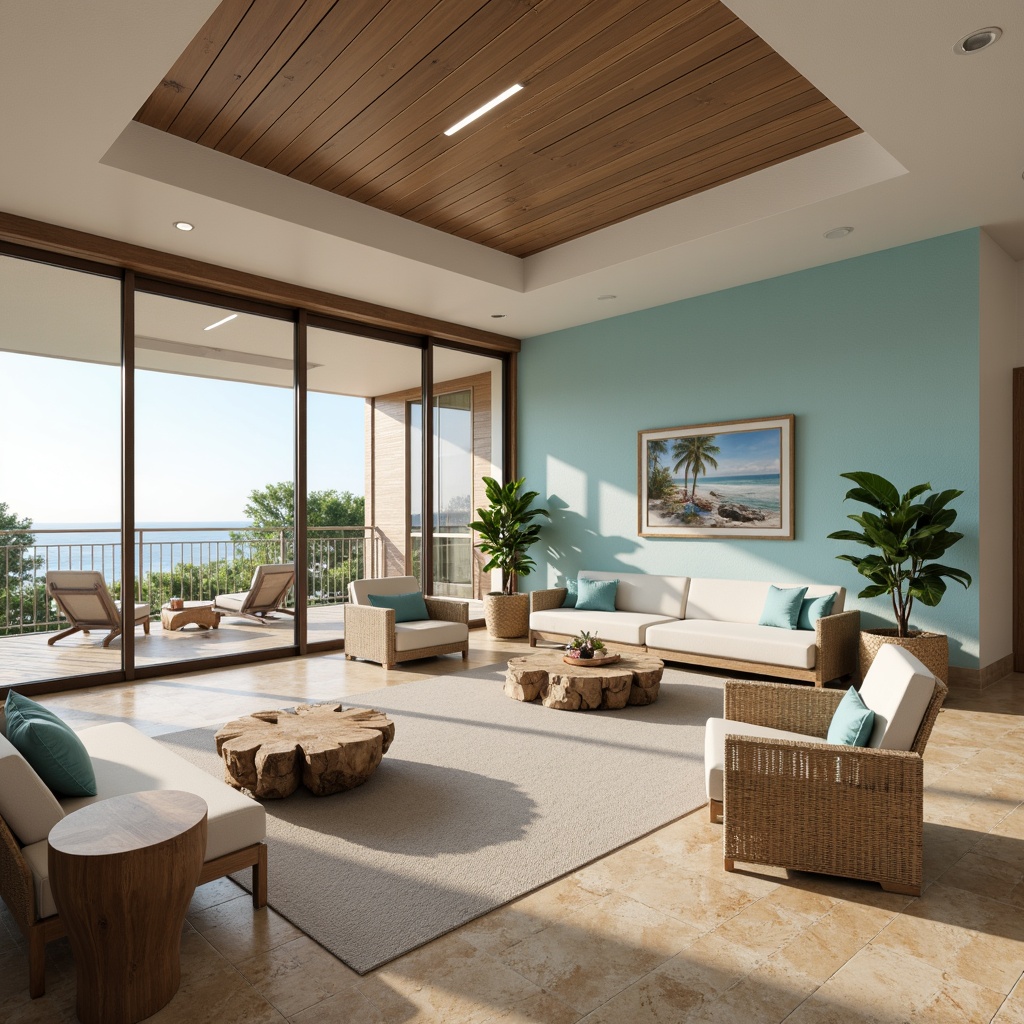 Prompt: Soothing hospital interior, calming ocean views, natural wood accents, comfortable patient rooms, plush sofas, driftwood coffee tables, wicker armchairs, sea-inspired artwork, pastel color schemes, soft blue hues, crisp white linens, minimal ornamentation, abundant natural light, large windows, sliding glass doors, private balconies, serene outdoor spaces, lush greenery, tropical plants, warm beige floors, textured rugs, calming soundscapes, gentle ocean breezes, shallow depth of field, 1/1 composition, realistic textures, ambient occlusion.