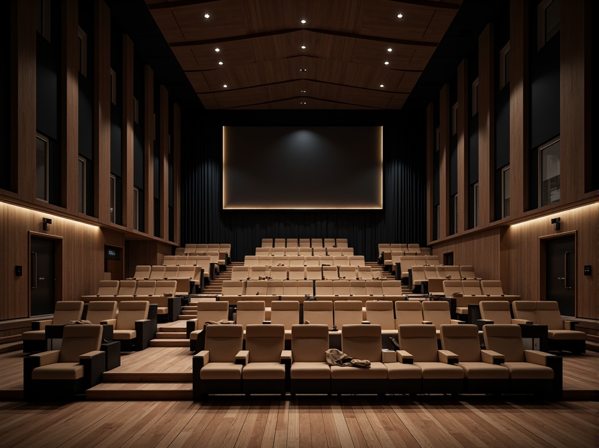 Prompt: Contemporary auditorium interior, sleek modern architecture, streamlined seating layout, comfortable cushioned chairs, subtle ambient lighting, polished wooden floors, minimalist decorative elements, acoustic paneling, state-of-the-art sound systems, HD projection screens, retractable curtains, 3/4 composition, low-angle shot, softbox lighting, cinematic atmosphere, realistic textures, ambient occlusion.