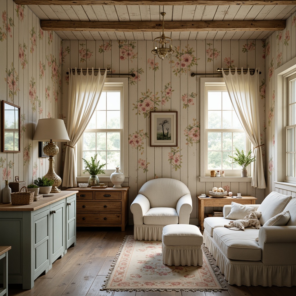 Prompt: Soft, feminine cottage, distressed wood accents, vintage floral patterns, pastel hues, creamy whites, warm beiges, gentle pinks, soft blues, muted greens, rustic metal fixtures, ornate furniture details, lace trimmings, ruffled fabrics, natural textiles, earthy undertones, warm golden lighting, shallow depth of field, 1/1 composition, intimate atmosphere, realistic textures, ambient occlusion.