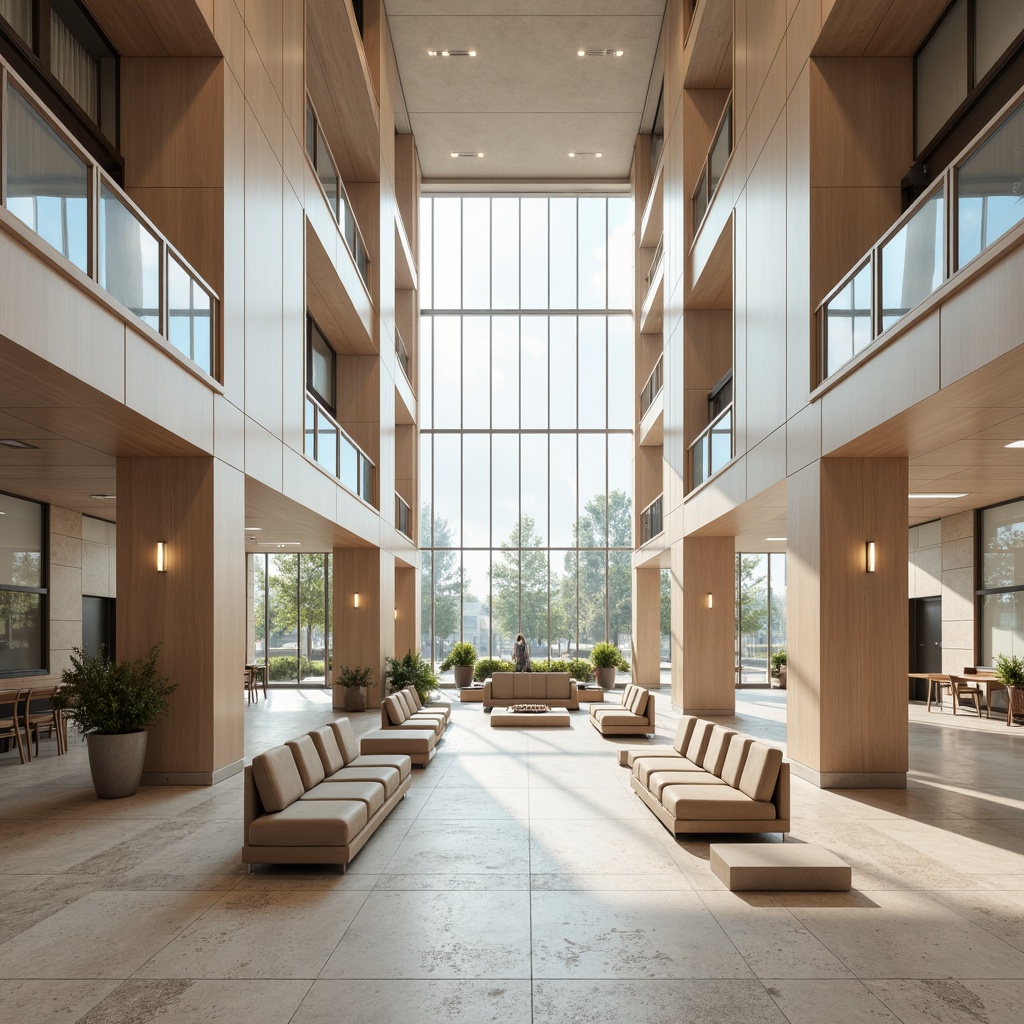 Prompt: Spacious courthouse interior, minimalist architecture, clean lines, simple forms, neutral color palette, natural stone flooring, sleek metal accents, abundant natural light, floor-to-ceiling windows, low-profile furniture, subtle wood tones, geometric patterns, calming atmosphere, soft diffused lighting, shallow depth of field, 1/1 composition, symmetrical framing, realistic textures, ambient occlusion.