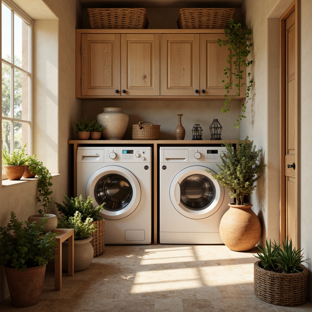 Prompt: Cozy laundry room, warm beige walls, soft cream accents, vintage washing machines, distressed wood cabinets, woven baskets, natural stone floors, earthy terracotta pots, lush greenery, rustic metal lanterns, warm golden lighting, shallow depth of field, 1/2 composition, realistic textures, ambient occlusion.