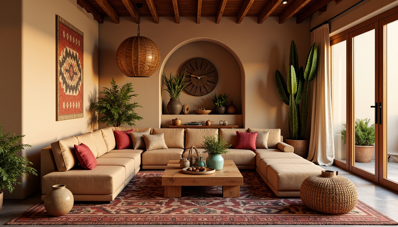 Prompt: Vibrant southwestern living room, plush sectional sofa, patterned textiles, geometric Navajo-inspired rugs, woven baskets, natural fiber upholstery, earthy tone walls, wooden accents, rustic wooden coffee table, turquoise vases, cactus plants, warm golden lighting, shallow depth of field, 3/4 composition, realistic textures, ambient occlusion.