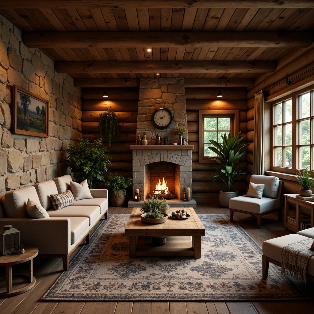 Prompt: Rustic wooden cabin, natural stone walls, earthy color palette, distressed wood accents, vintage metal decor, lantern-style lighting, plush furnishings, woven textiles, floral patterns, botanical elements, warm candlelight, cozy atmosphere, shallow depth of field, 1/1 composition, soft focus, warm color grading, realistic textures, ambient occlusion.