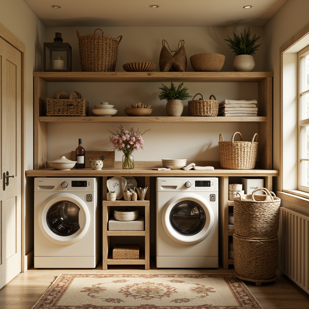 Prompt: Warm beige walls, soft cream accents, vintage washing machines, distressed wood shelves, woven baskets, floral patterns, natural fabrics, earthy tones, cozy atmosphere, warm lighting, rustic metal fixtures, antique decor, traditional laundry essentials, nostalgic feel, subtle texture, 1/1 composition, intimate setting, relaxed mood.