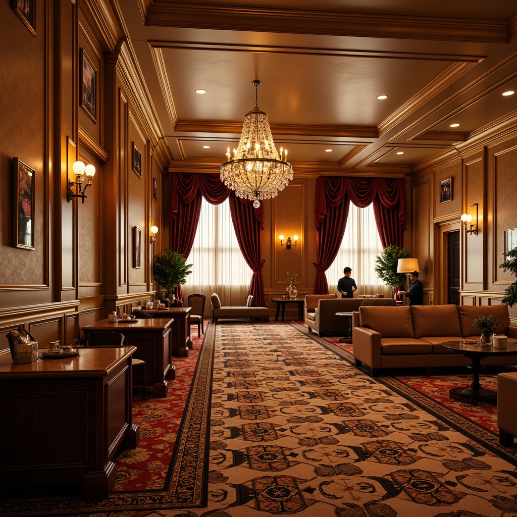 Prompt: Richly ornamented walls, traditional casino decor, luxurious finishes, warm golden tones, ornate molding details, intricate patterned rugs, velvet drapes, crystal chandeliers, marble flooring, polished wood accents, decorative ceiling medallions, subtle ambient lighting, shallow depth of field, 1/2 composition, realistic textures, ambient occlusion.