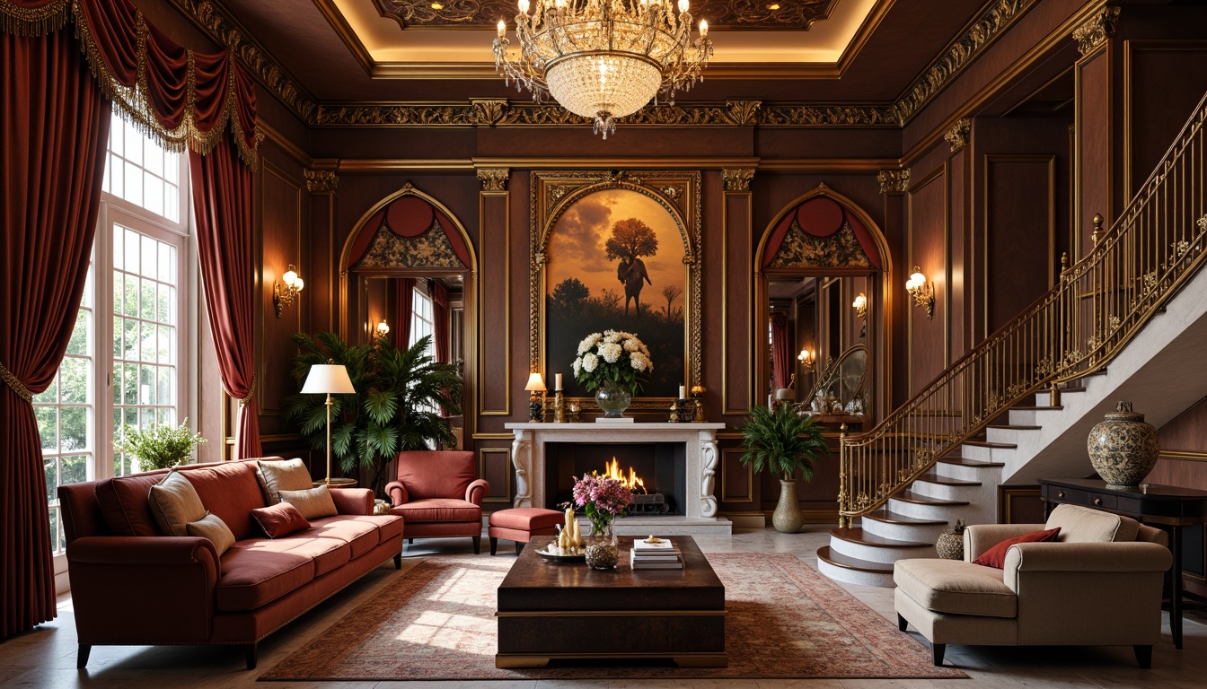 Prompt: Luxurious living room, intricately carved wooden furniture, ornate golden accents, rich velvet fabrics, crystal chandelier, marble floors, decorative molding, grand staircase, lavish drapery, opulent textiles, warm ambient lighting, soft focus, shallow depth of field, 2/3 composition, elegant proportions, realistic reflections, detailed textures.