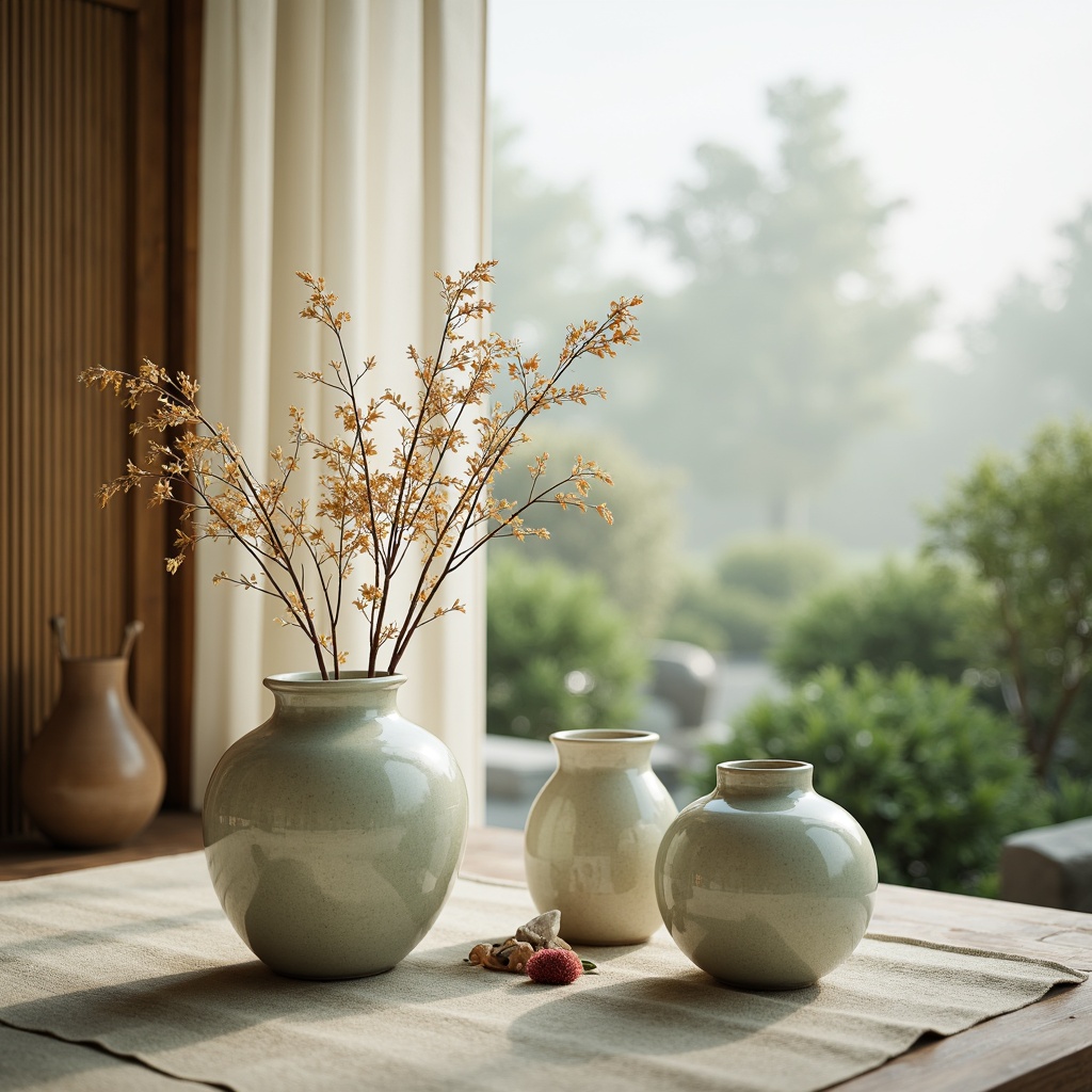 Prompt: Soft celadon hues, gentle misty atmosphere, delicate ceramic vases, subtle crackle glaze textures, creamy whites, warm beige tones, natural linen fabrics, woven bamboo accents, elegant minimalism, traditional Japanese influences, serene water features, lush greenery, soft diffused lighting, 1/1 composition, intimate focus, realistic material reflections.