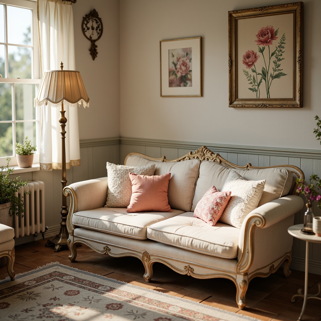 Prompt: Distressed vintage furniture, soft pastel hues, warm beige tones, gentle peach accents, muted lavender shades, creamy whites, weathered wood textures, ornate metal details, delicate lace patterns, floral motifs, rustic charm, natural light filtering, warm golden lighting, shallow depth of field, 1/1 composition, whimsical atmosphere.