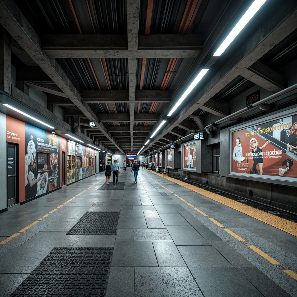 Prompt: Metro station platform, industrial-style flooring, robust concrete surfaces, textured non-slip tiles, heavy-duty epoxy coatings, commercial-grade vinyl sheets, urban cityscape, rush hour atmosphere, fluorescent lighting, modern infrastructure, sleek steel beams, granite-like finishes, high-traffic areas, pedestrian pathways, urban transportation hubs, vibrant advertisements, dynamic escalators, underground tunnels, realistic reflections, shallow depth of field, 2/3 composition, wide-angle lens.