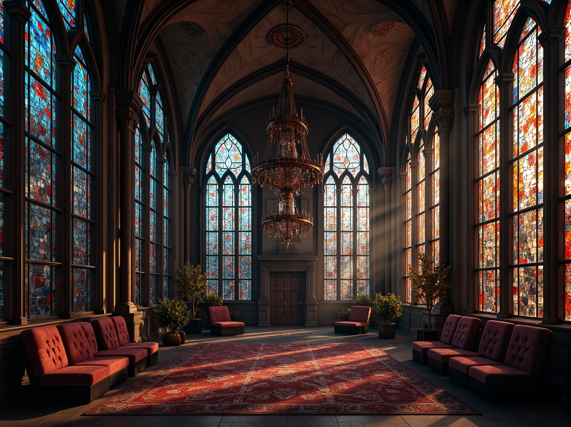 Prompt: Intricate stained glass windows, vibrant colors, ornate metal frames, grand cathedral ceilings, dramatic vaulted arches, richly patterned stone floors, luxurious velvet drapes, opulent chandeliers, mysterious alcoves, eerie ambient lighting, soft warm glow, cinematic composition, low-key mood, atmospheric perspective, highly detailed textures.